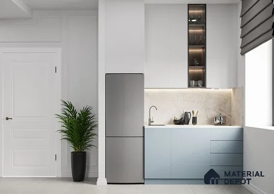 A kitchen with marble counter tops and wooden cabinetry, along with an island in the middle of the middle of the island with stairs leading to shop & more counter top space to an island in the middle of